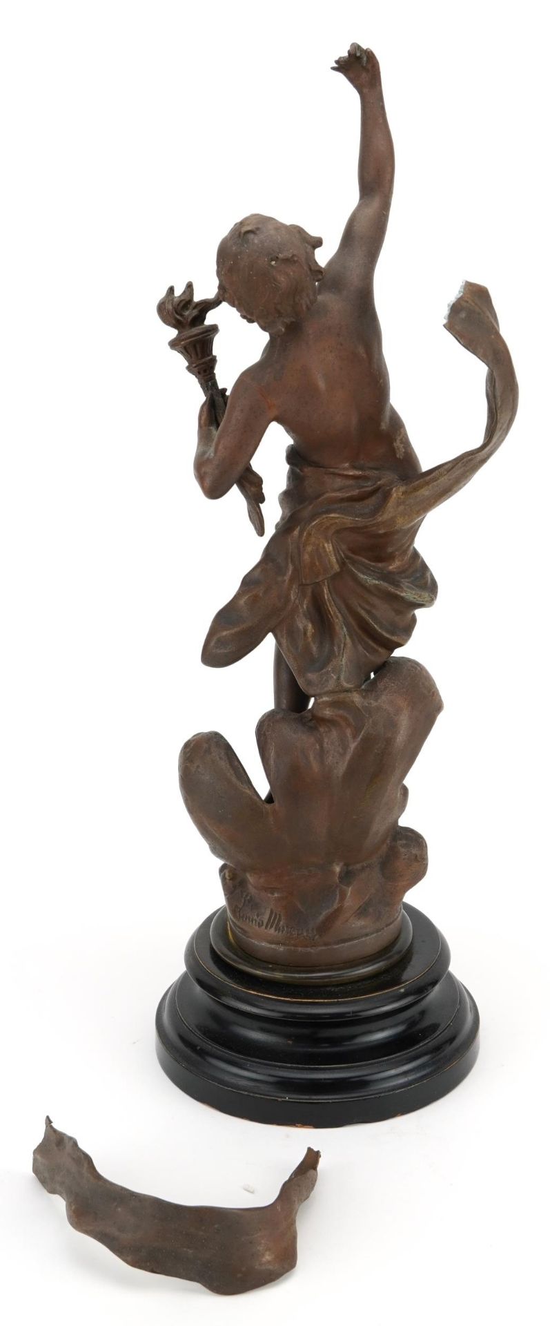 Patinated spelter study of a nude male holding a flaming torch raised on a circular ebonised base - Image 6 of 9