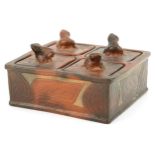 South American terracotta lidded four section spice box with frog finials, 16.5cm x 16.5cm : For