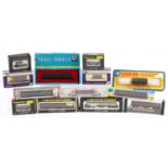 Collection of model railway N gauge coaches and wagons with boxes by Graham Farish, Dapol and Lima :