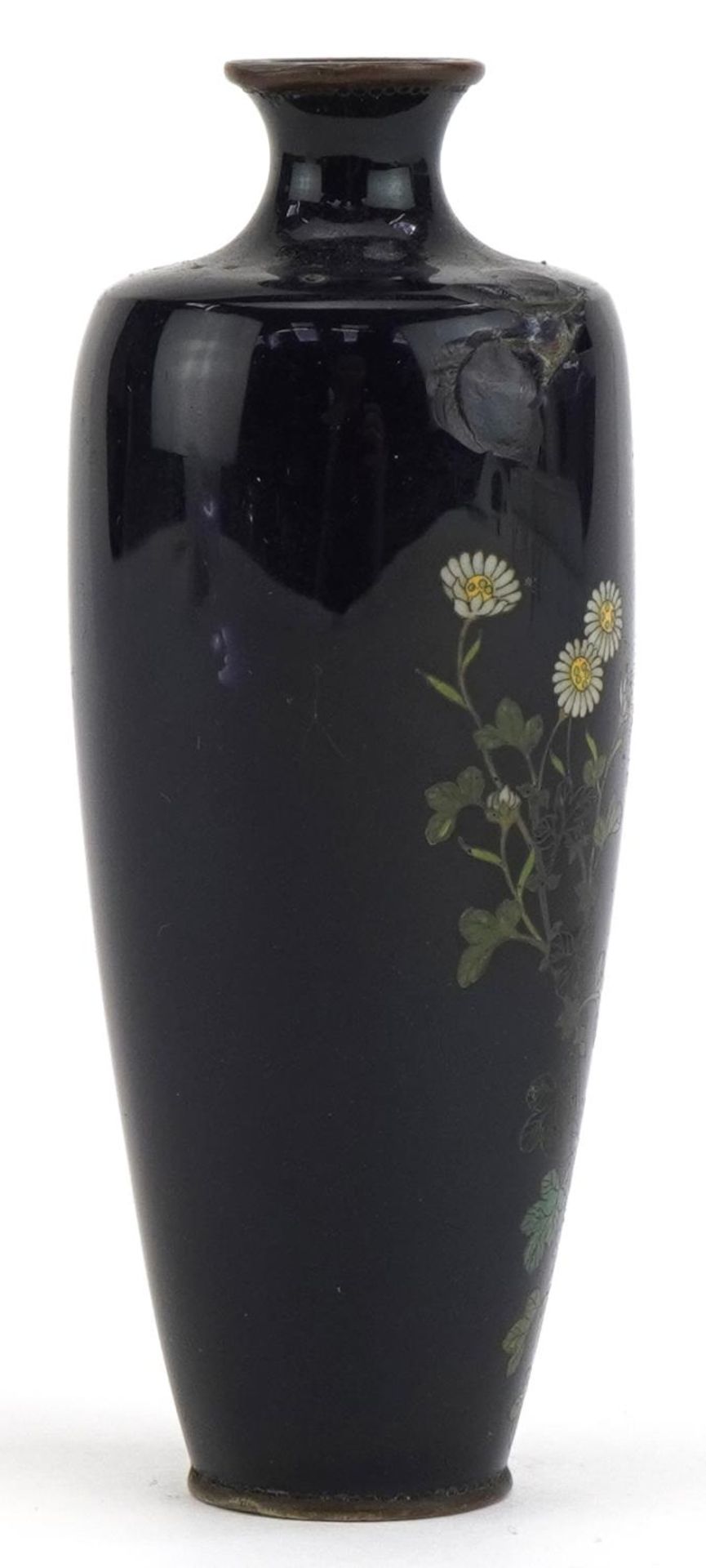 Japanese cloisonne vase enamelled with a butterfly amongst flowers, impressed marks and engraved - Image 4 of 7