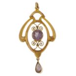 Edwardian 9ct gold amethyst openwork drop pendant, the largest amethyst approximately 7.5mm in