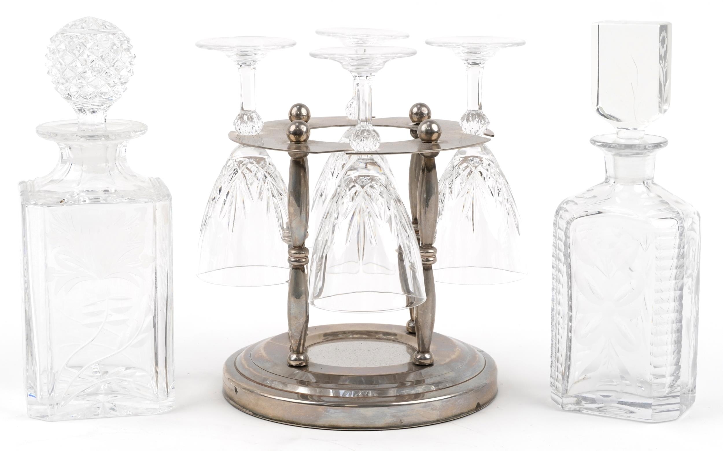 Silver plated stand with four glasses and two glass decanters including Royal Brierley, the - Image 2 of 4