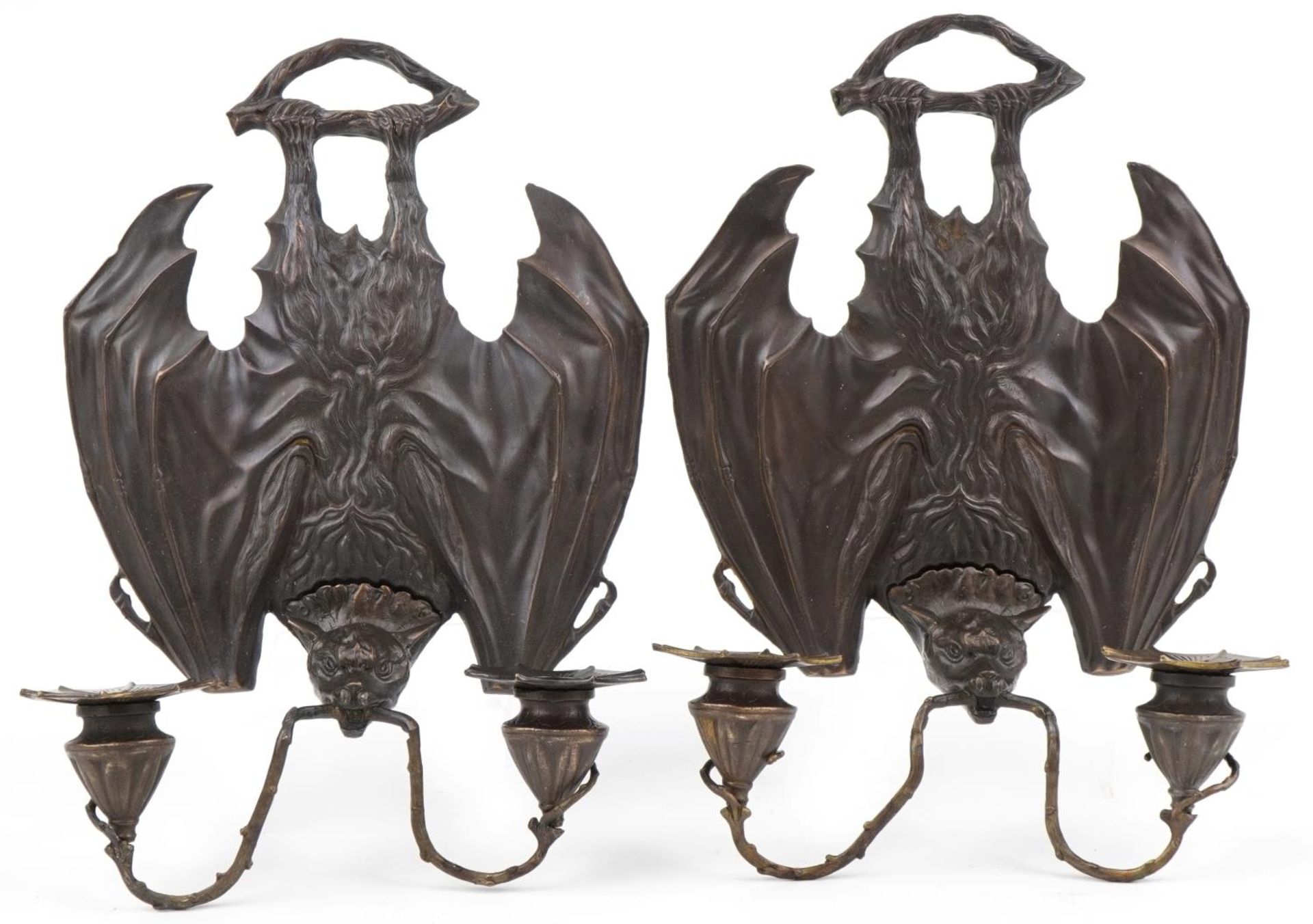 Pair of Art Nouveau style patinated bronze bat design wall sconces, 35cm high : For further