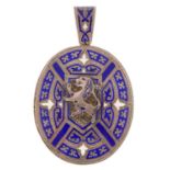 Edwardian unmarked silver blue and white enamel pendant locket with applied rampant lion and