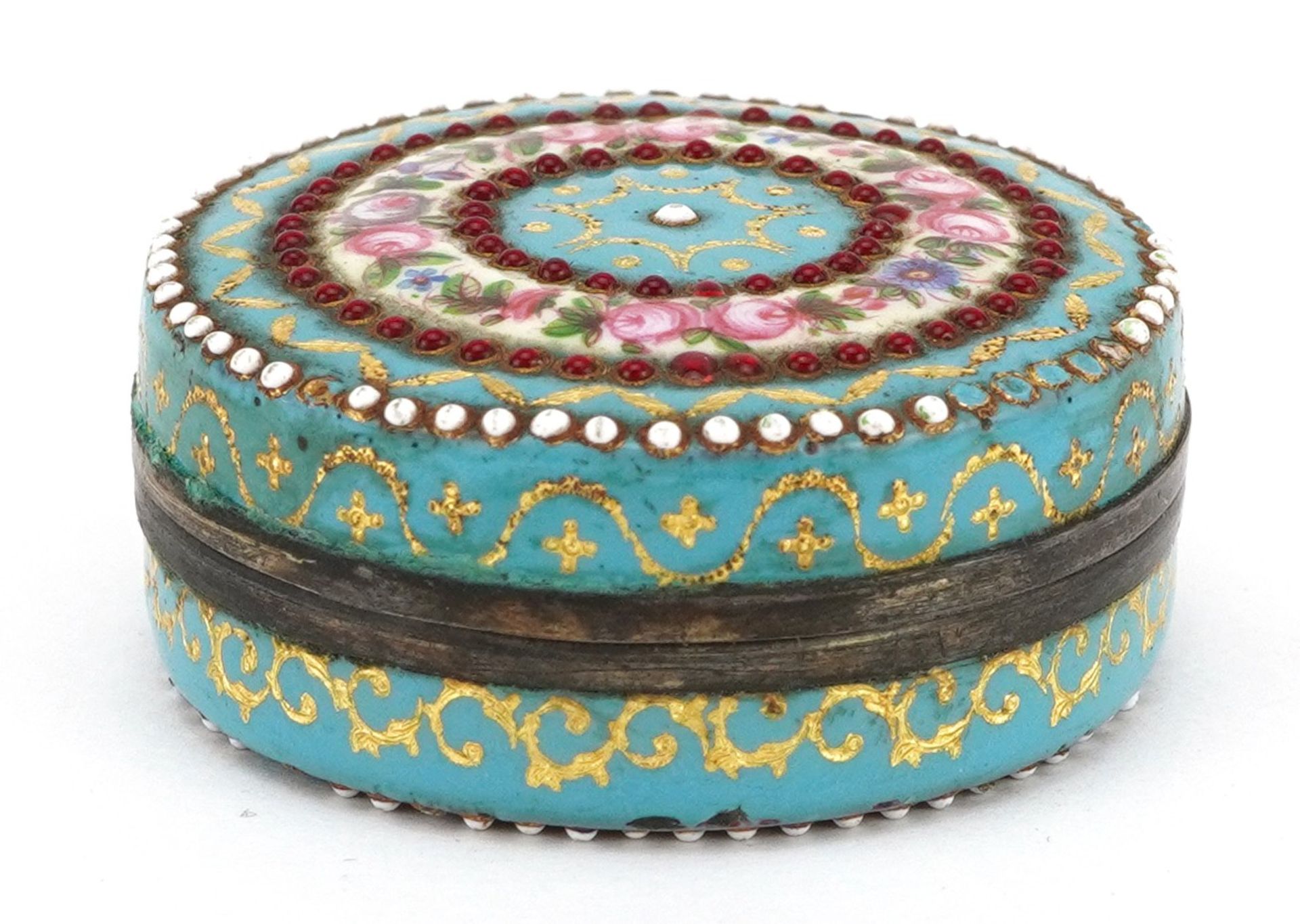 19th century French silver mounted enamel jewelled patch box hand painted with flowers, 4cm in