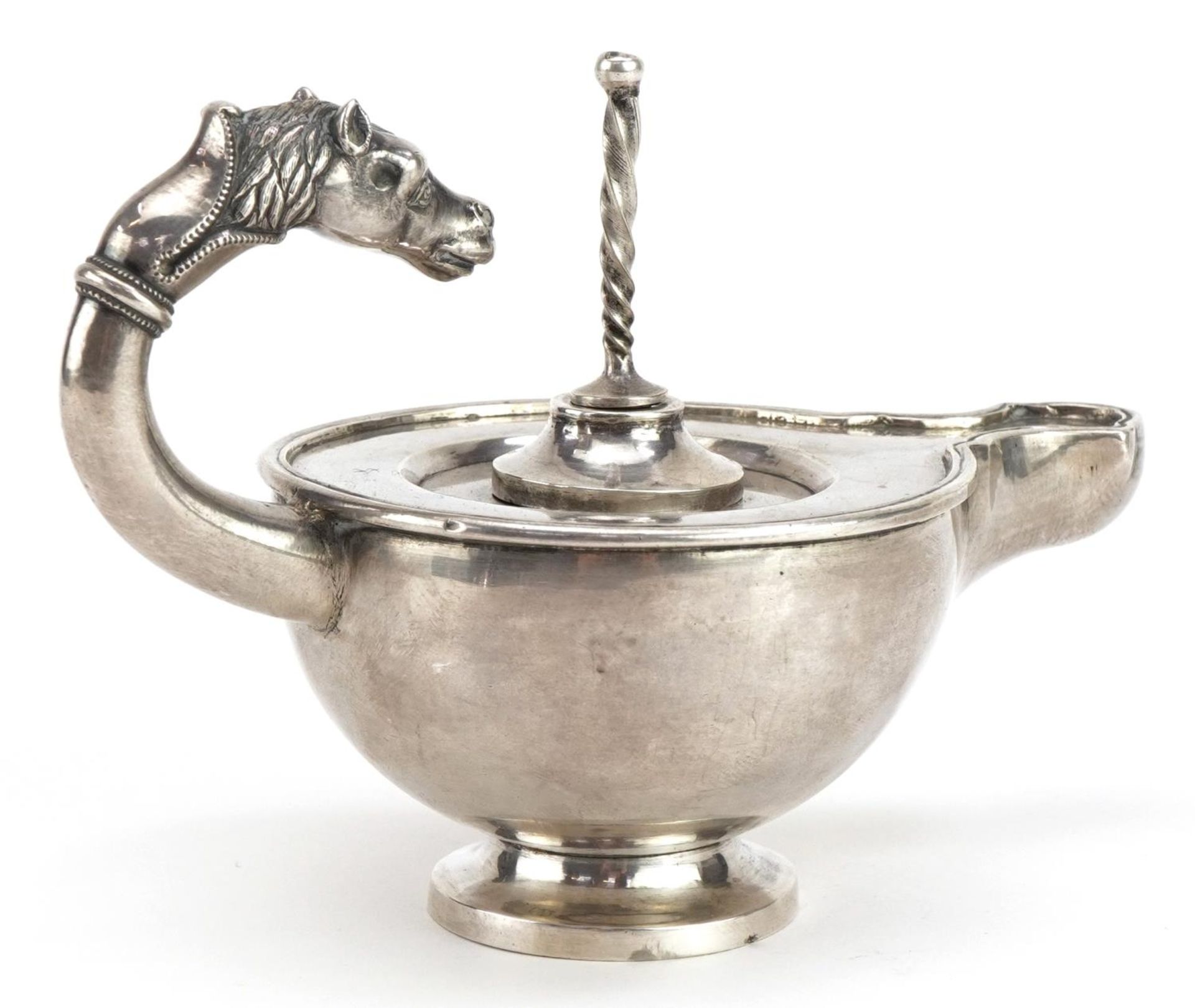 Good Continental unmarked silver oil lamp with cast horse head handle, 13cm wide, 210.0g : For - Image 3 of 4