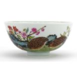 Chinese porcelain bowl finely hand painted in the famille rose palette with two quails amongst