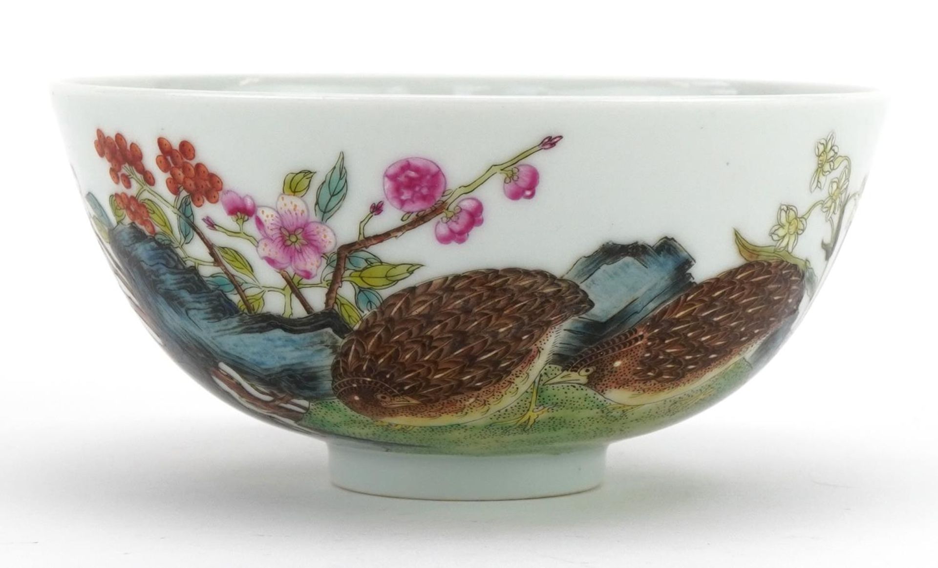 Chinese porcelain bowl finely hand painted in the famille rose palette with two quails amongst