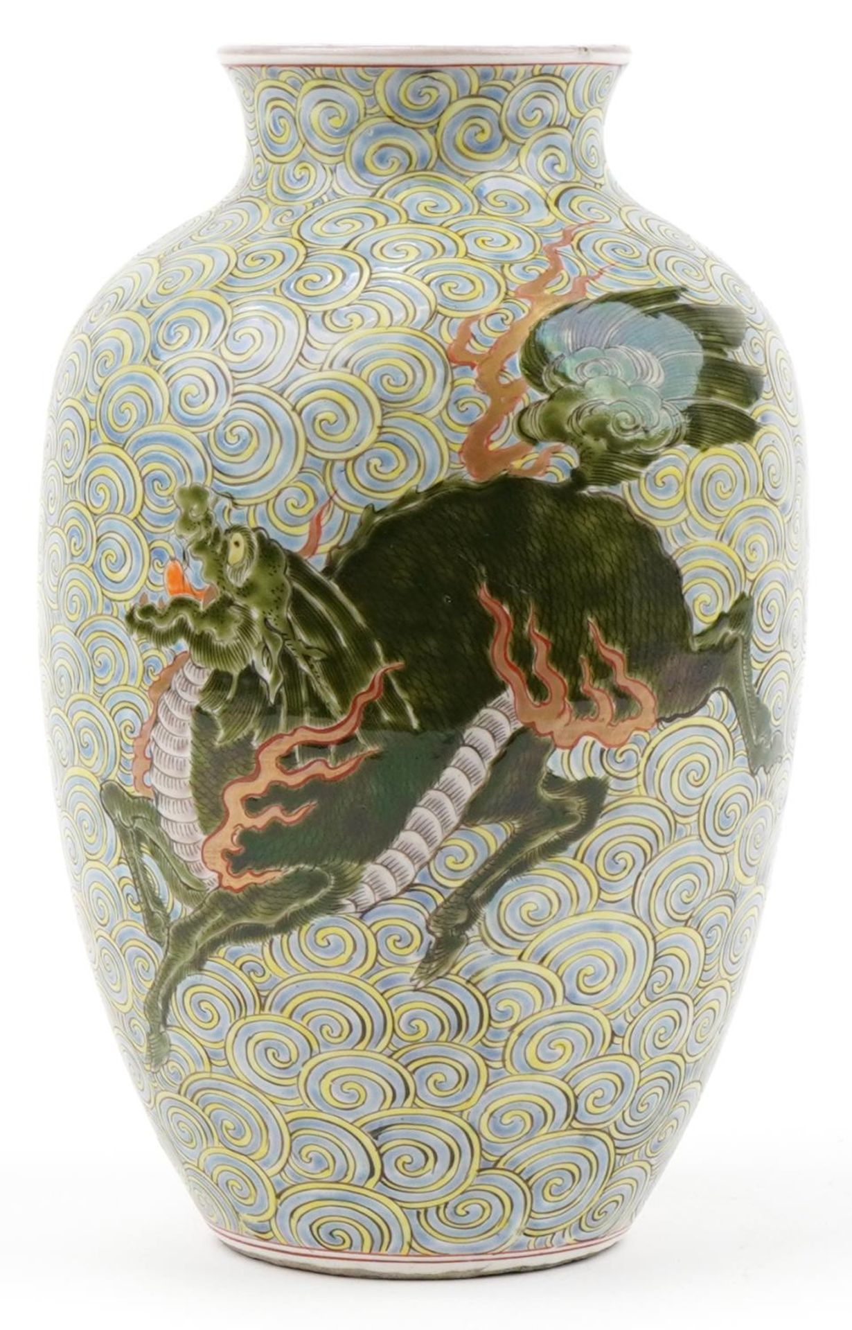 Chinese porcelain vase hand painted in green with two mythical dragons chasing the flaming pearl