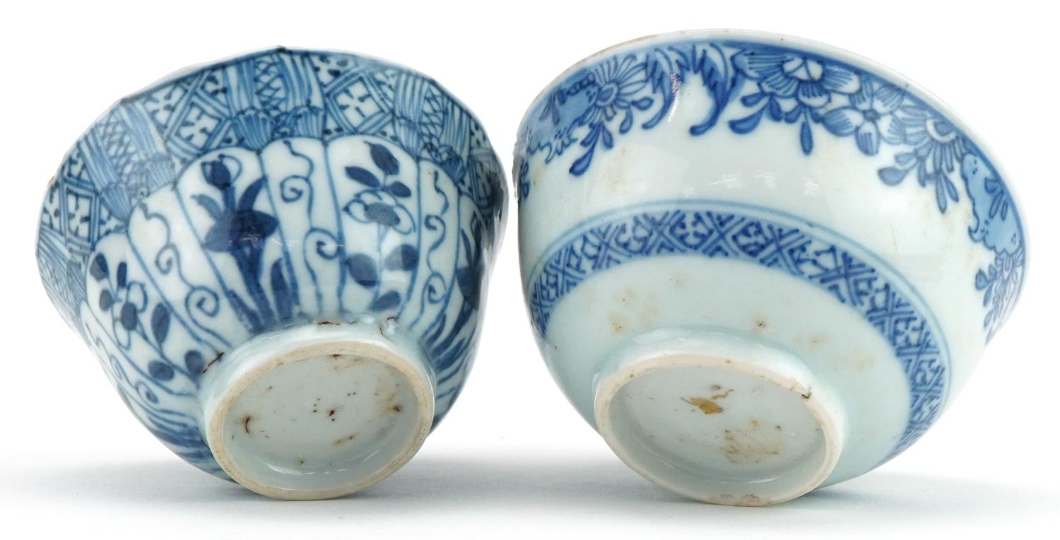 Two Chinese blue and white porcelain tea bowls including one hand painted with panels of flowers and - Image 6 of 6