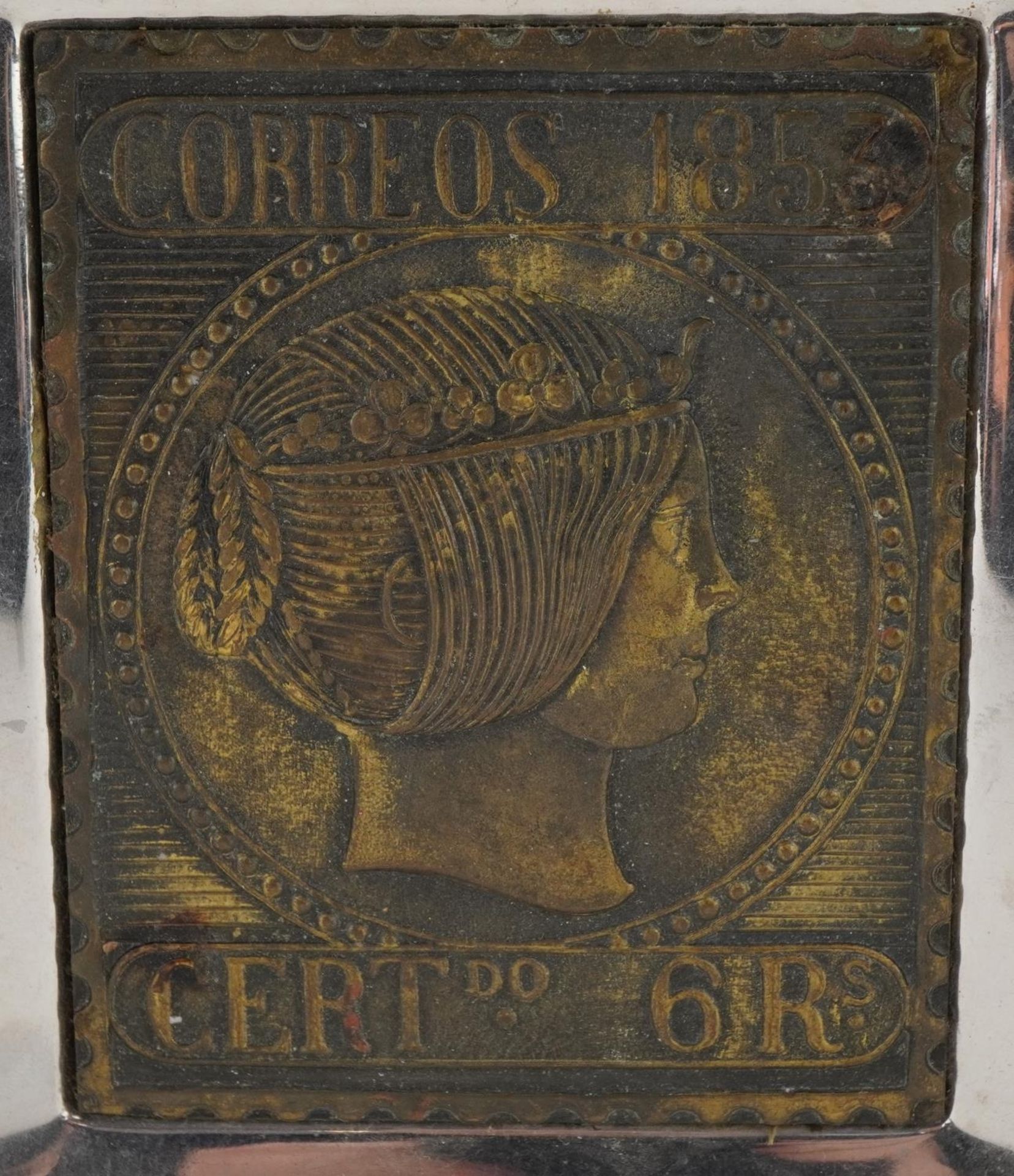 Spanish mid century style dish with inset bronze plaque in the form of Correos 1853 stamp, 18cm wide - Image 3 of 5