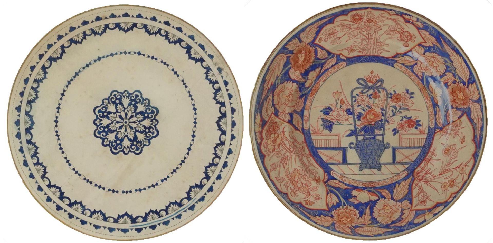 Pair of ink and watercolour circular plate designs housed in octagonal frames, each with Stephanie