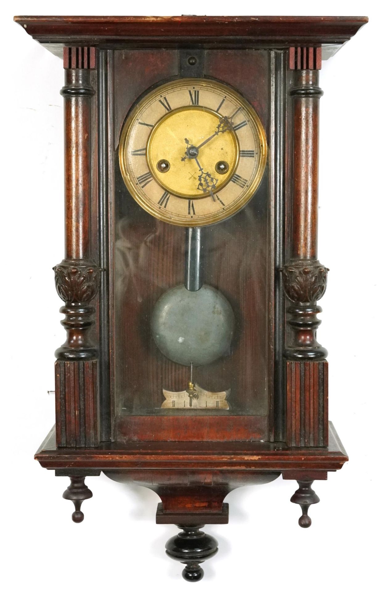 Three Vienna wall clocks with columns, each having painted chapter rings with Roman numerals, the - Image 2 of 10