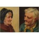 David W Haddon - Fisherfolk, Elderly lady and Gentleman, pair of Newlyn school oils, mounted, framed