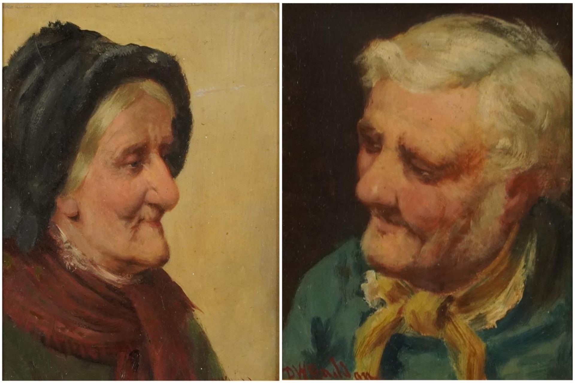 David W Haddon - Fisherfolk, Elderly lady and Gentleman, pair of Newlyn school oils, mounted, framed