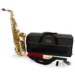 Notus AS-21 gilt brass saxophone with mother or pearl keys and protective carry case by Ackerman