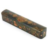 Turkish Ottoman pen box lacquered and painted with figures and flowers, 27.5cm in length : For