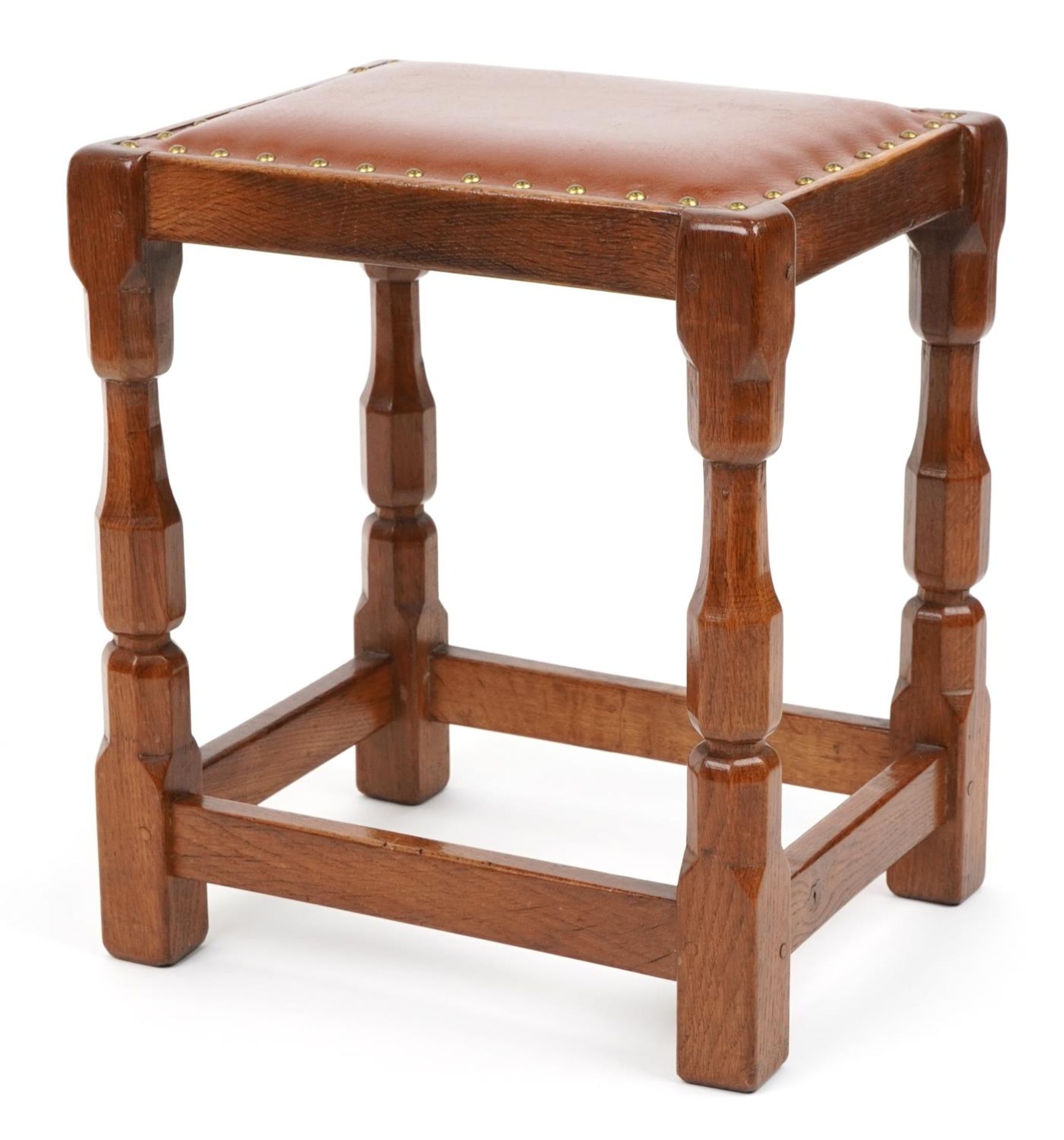 Syd Pollard, Arts & Crafts oak stool with brown leather upholstered seat, 45cm H x 40cm W x 32cm D :