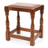 Syd Pollard, Arts & Crafts oak stool with brown leather upholstered seat, 45cm H x 40cm W x 32cm D :