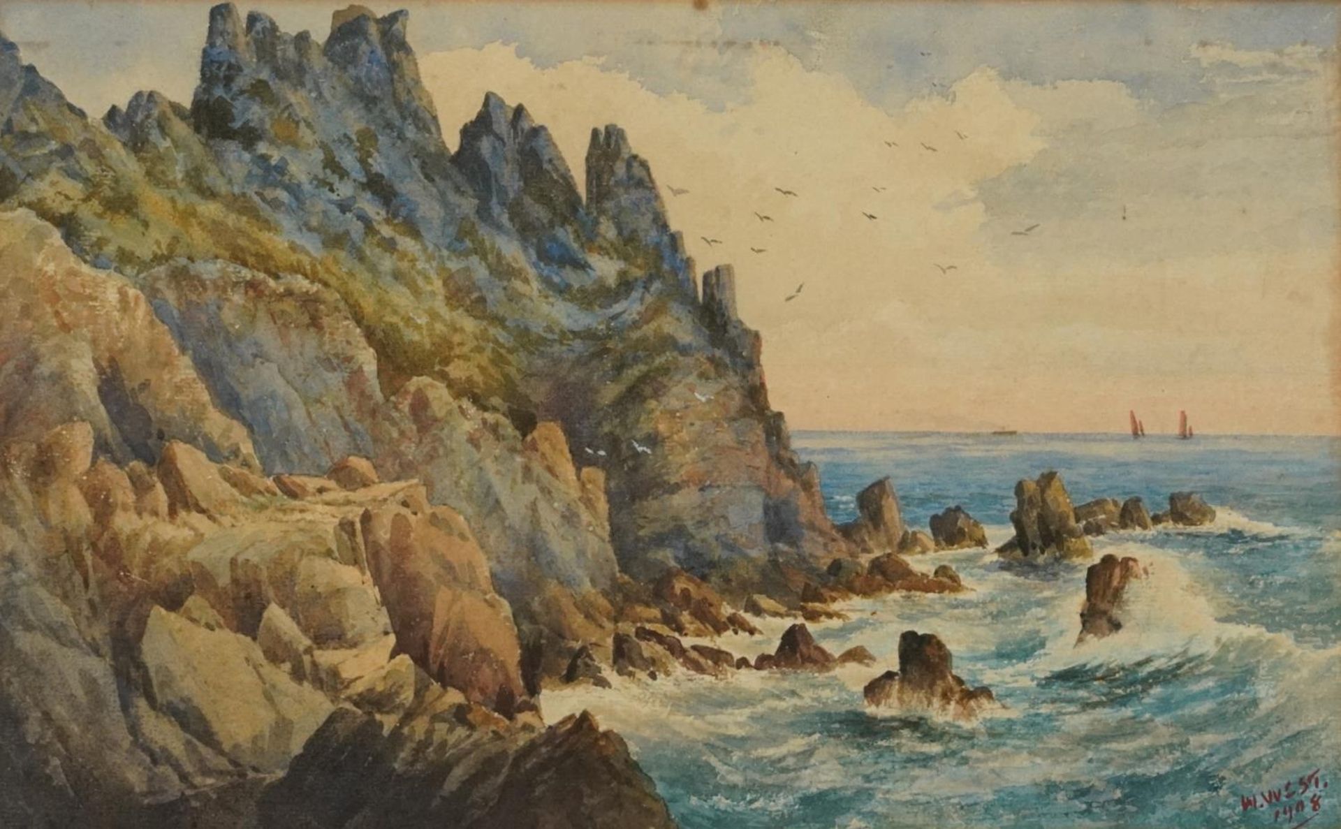 W West 1908 - Rocky coastal scene with cliffs, early 20th century watercolour, mounted, framed and