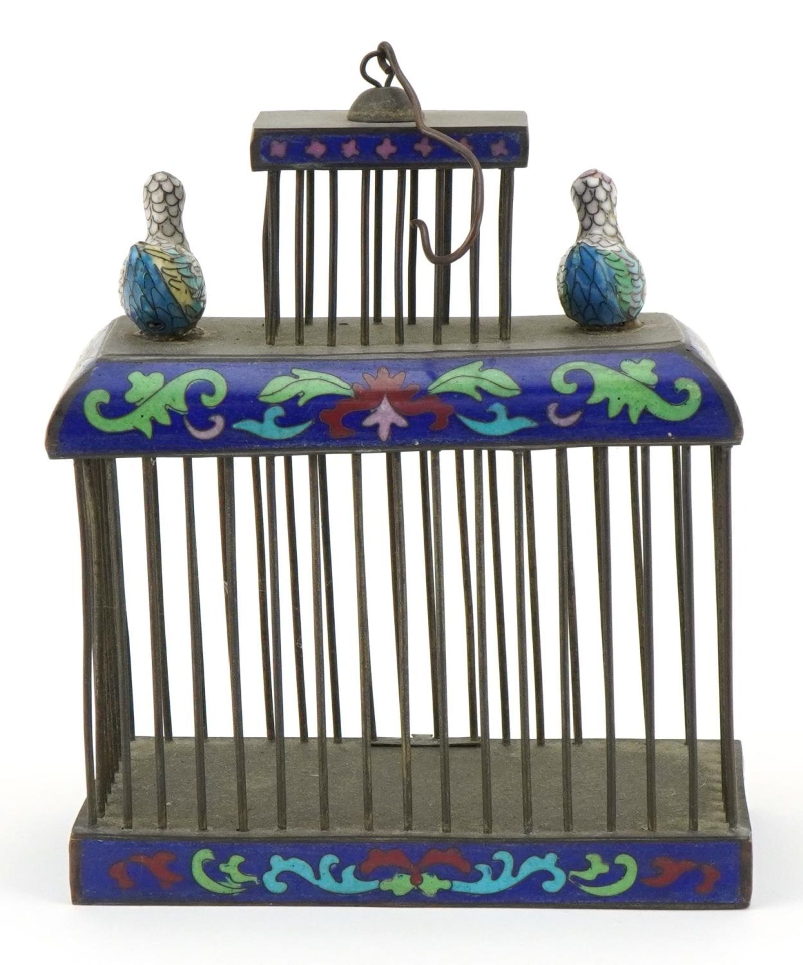 Chinese white metal and cloisonne cricket cage surmounted with two ducks, 18cm H x 15cm W x 7.5cm - Image 4 of 7