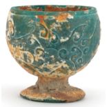 Chinese turquoise glass goblet with relief decoration, 9cm high : For further information on this