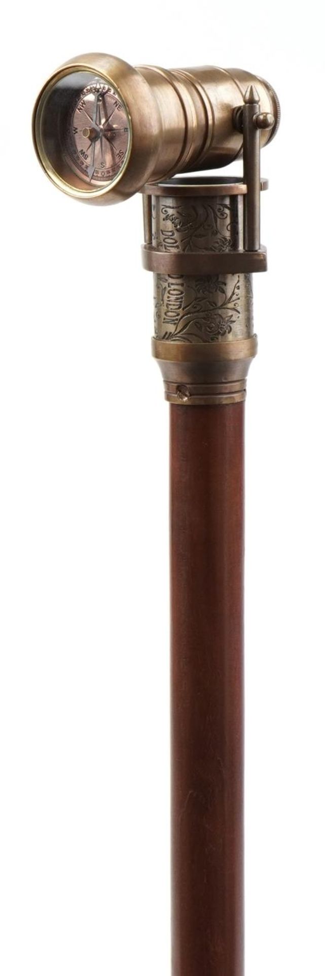 Hardwood walking stick with brass two draw telescope compass handle, 93cm in length : For further