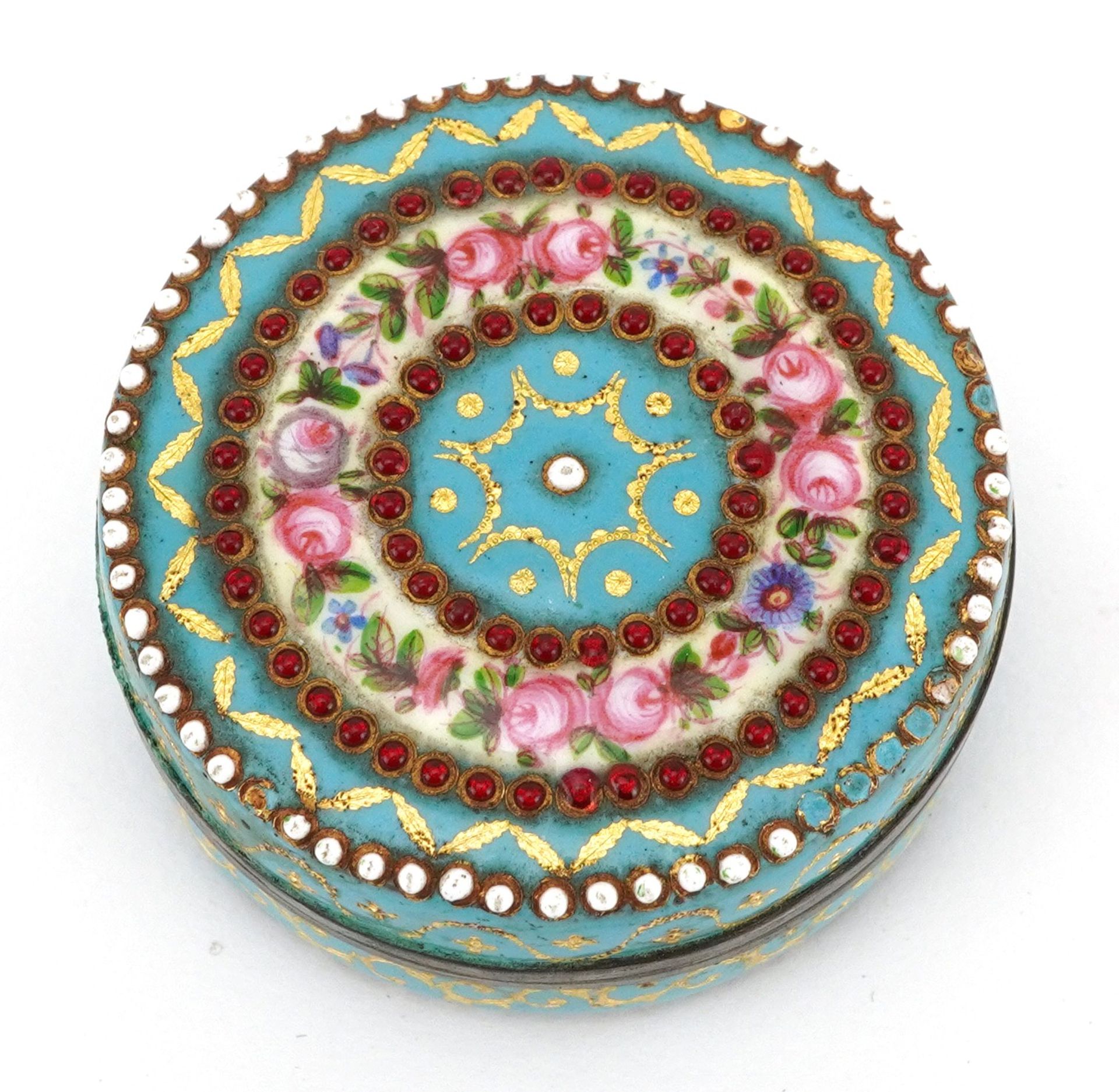 19th century French silver mounted enamel jewelled patch box hand painted with flowers, 4cm in - Bild 2 aus 4
