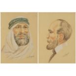 Bearded gentleman and gentleman wearing a turban, pair of 1970s pastels, indistinctly signed, framed