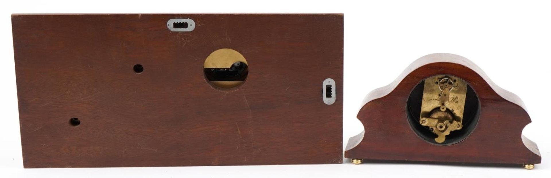 Edwardian inlaid mahogany eight day mantle clock and an oak backed weather station with clock and - Image 4 of 6