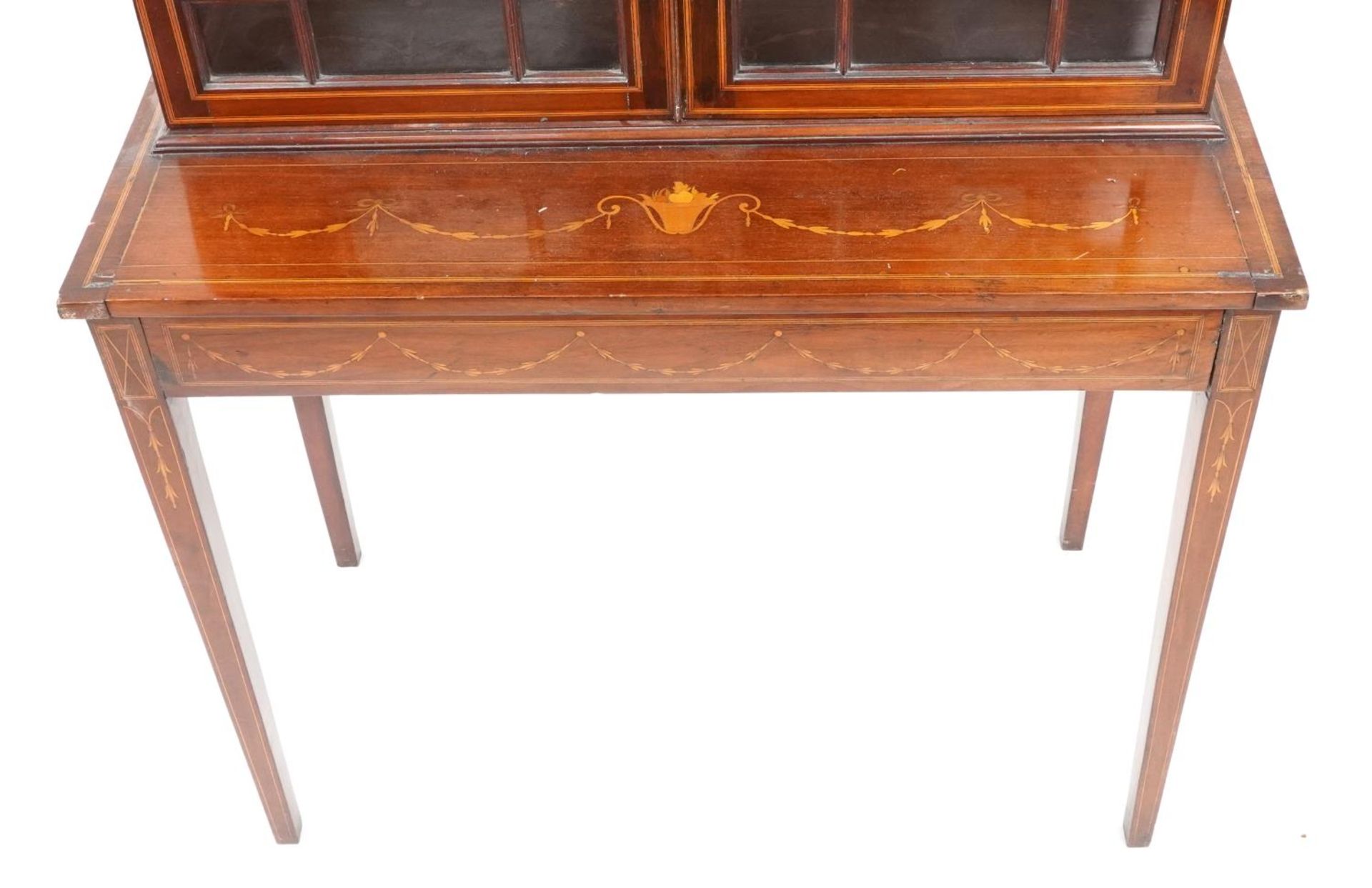 Edwardian inlaid mahogany bookcase on stand with astragal glazed doors on tapering legs, 189cm H x - Image 3 of 6