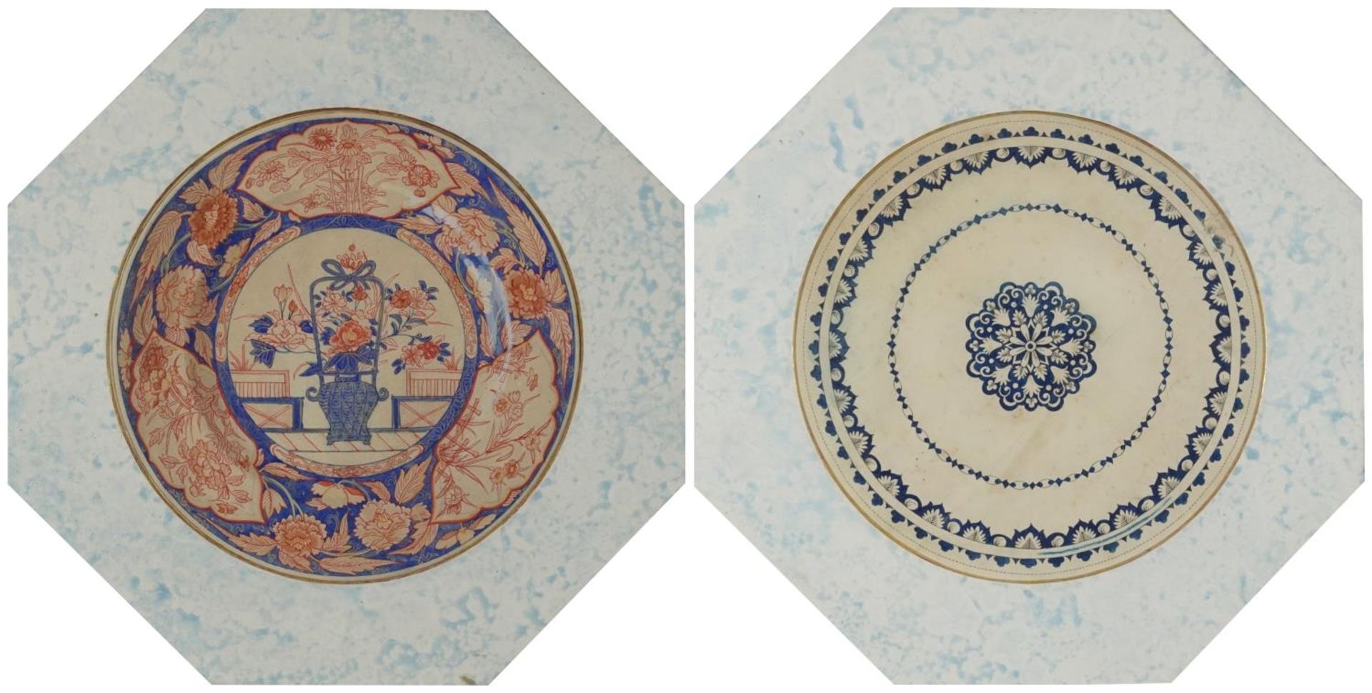 Pair of ink and watercolour circular plate designs housed in octagonal frames, each with Stephanie - Image 2 of 12