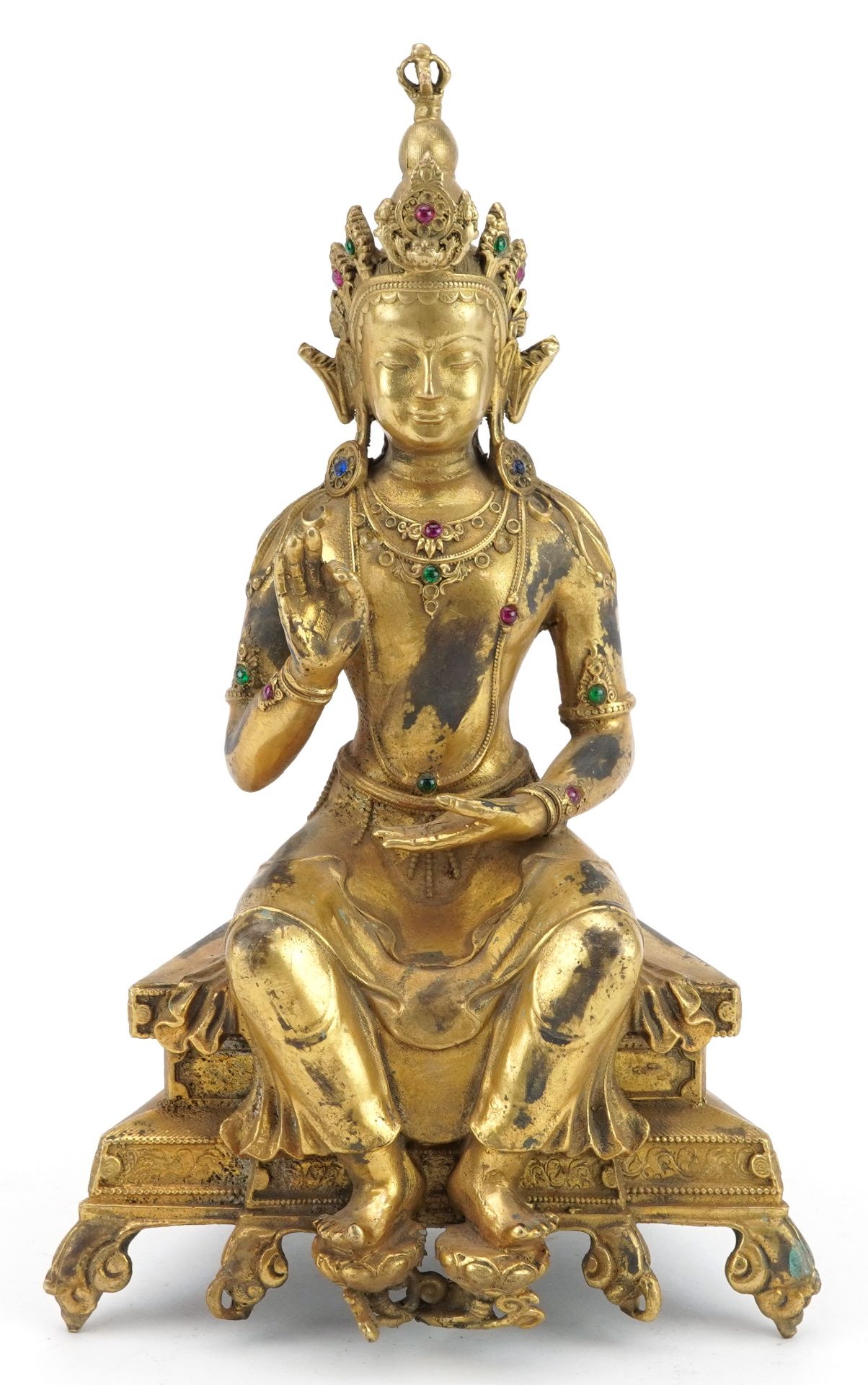 Chino Tibetan jewelled gilt bronze figure of seated Buddha, 24cm high : For further information on