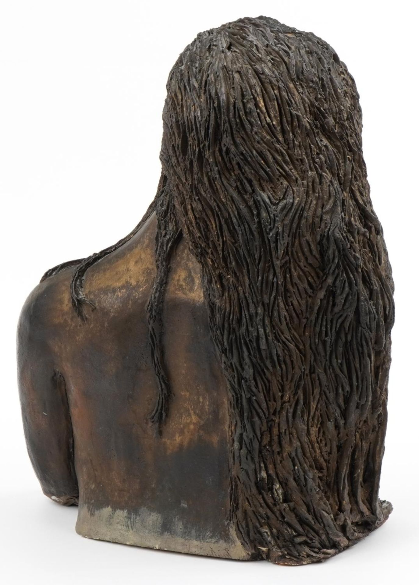 Brenda Hamblin, Chloe, bronzed pottery bust of a nude female with What If Gallery paperwork, 42cm - Bild 3 aus 7