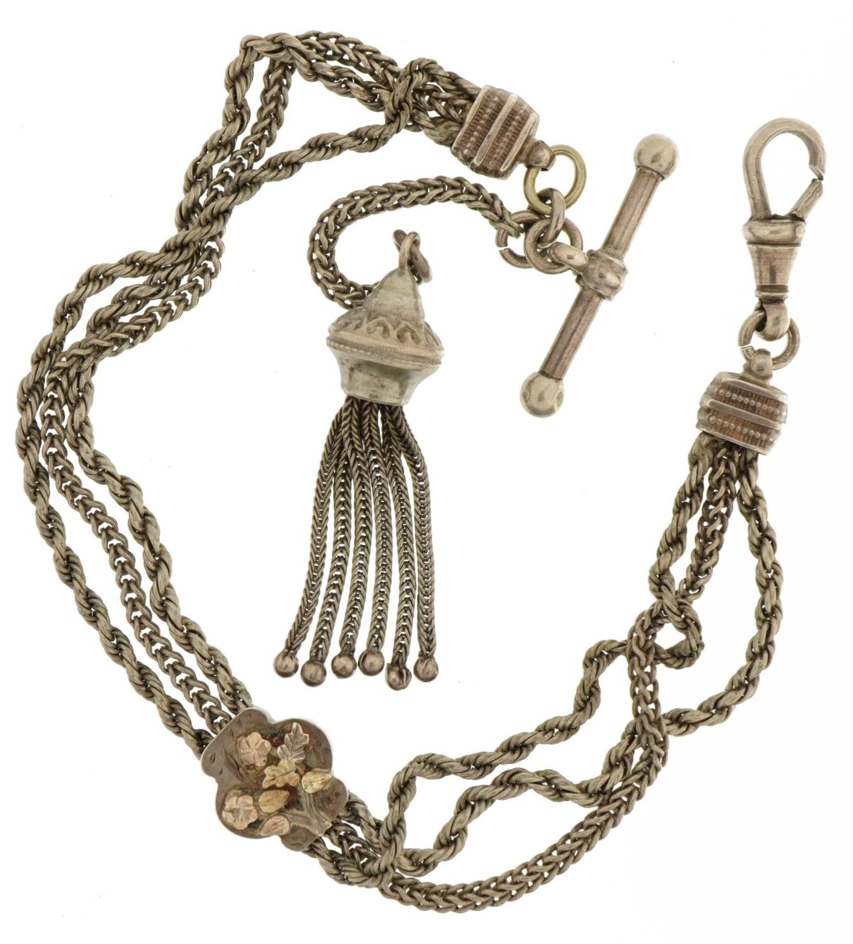Victorian ladies unmarked silver watch chain with jewellery clasp, T bar and tassel drop, 28cm in - Image 2 of 3