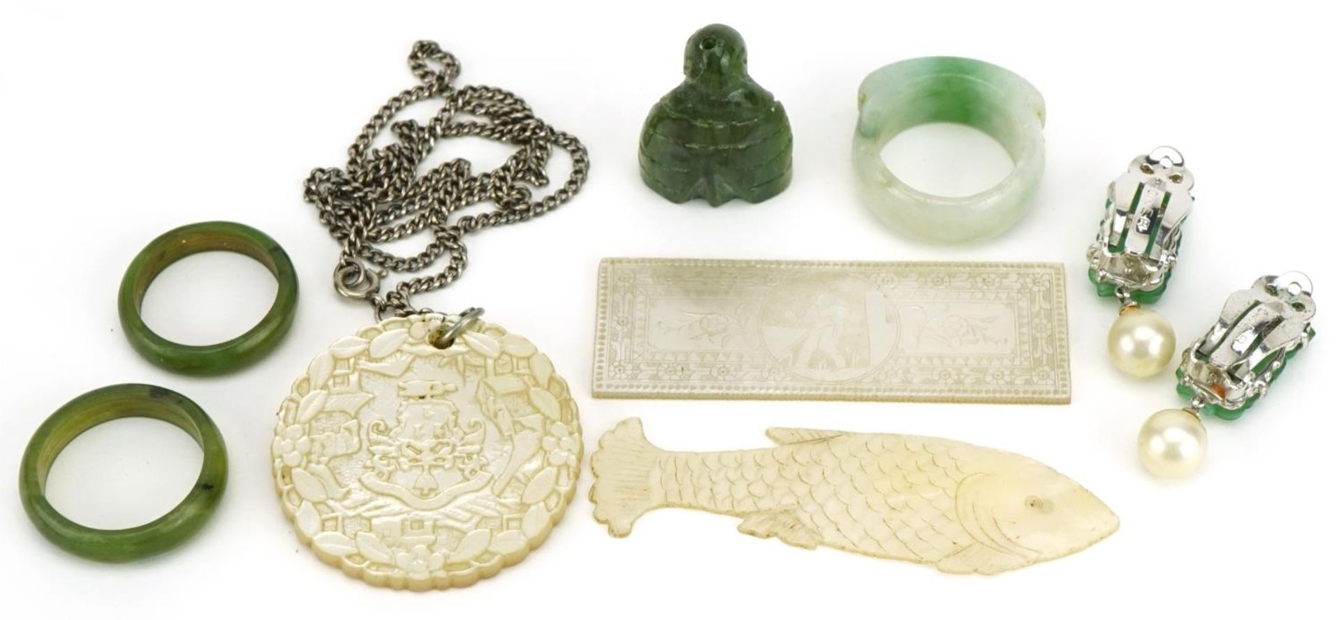 Chinese jade hardstone and Canton mother of pearl including gaming counter on chain and pair of - Image 4 of 5