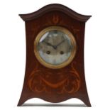 Japy Freres, French Art Nouveau inlaid mahogany mantle clock striking on a bell with silvered dial