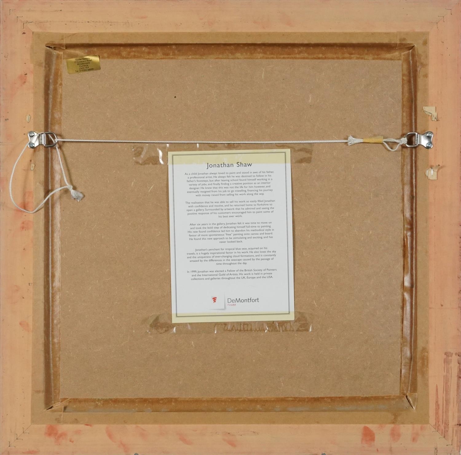 Jonathan Shaw - Sunset, oil, De Montfort label verso, mounted, framed and glazed, 29cm x 29cm - Image 4 of 5