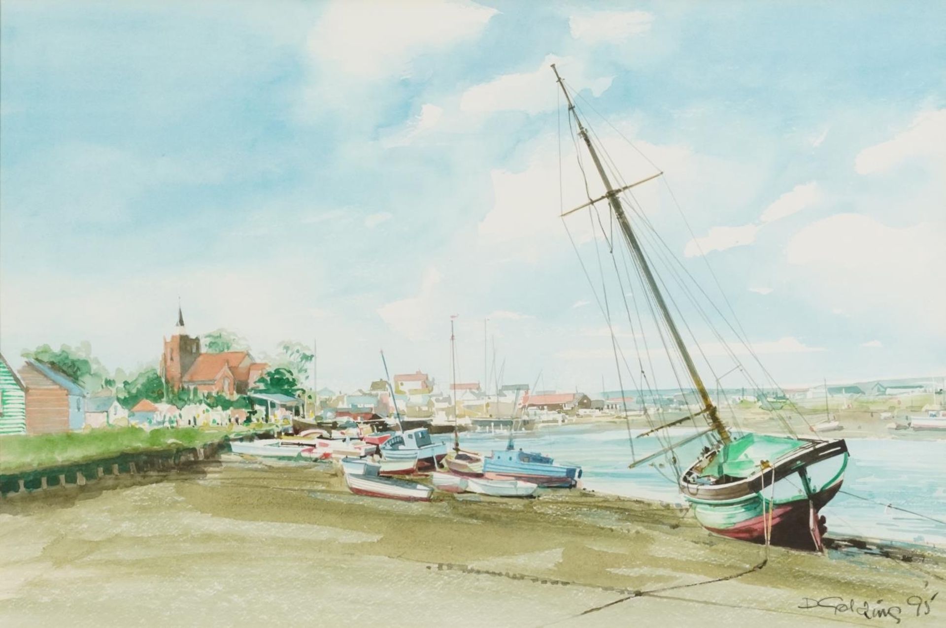 D Golding '95 - Harbour scene with moored fishing boats, watercolour, mounted, framed and glazed,