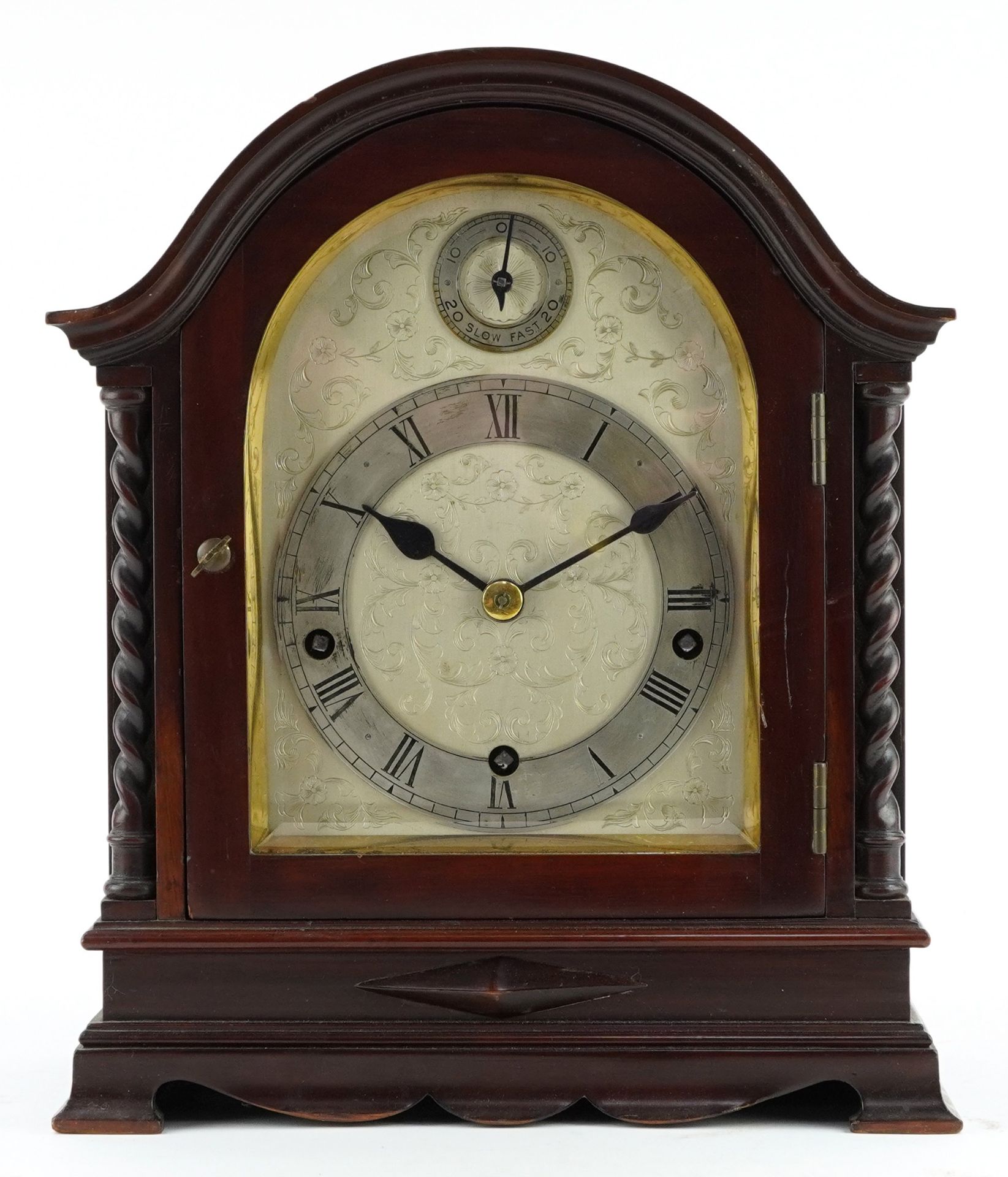 Mahogany bracket clock striking on four rods and a gong with barley twist columns and foliate - Image 2 of 5