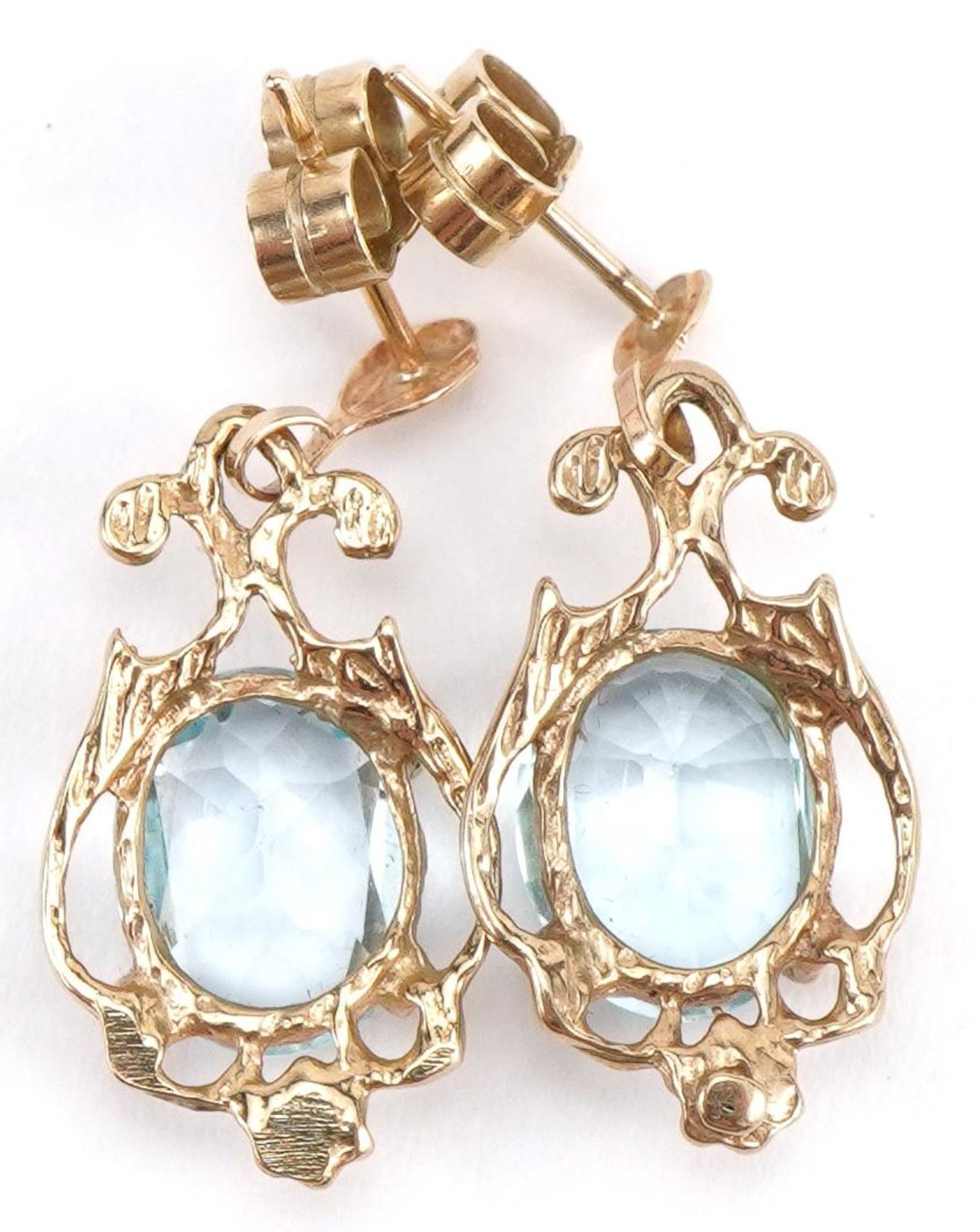 Pair of unmarked gold aquamarine drop earrings, the butterflies marked 375, 2.4cm high, 2.6g : For - Image 2 of 2