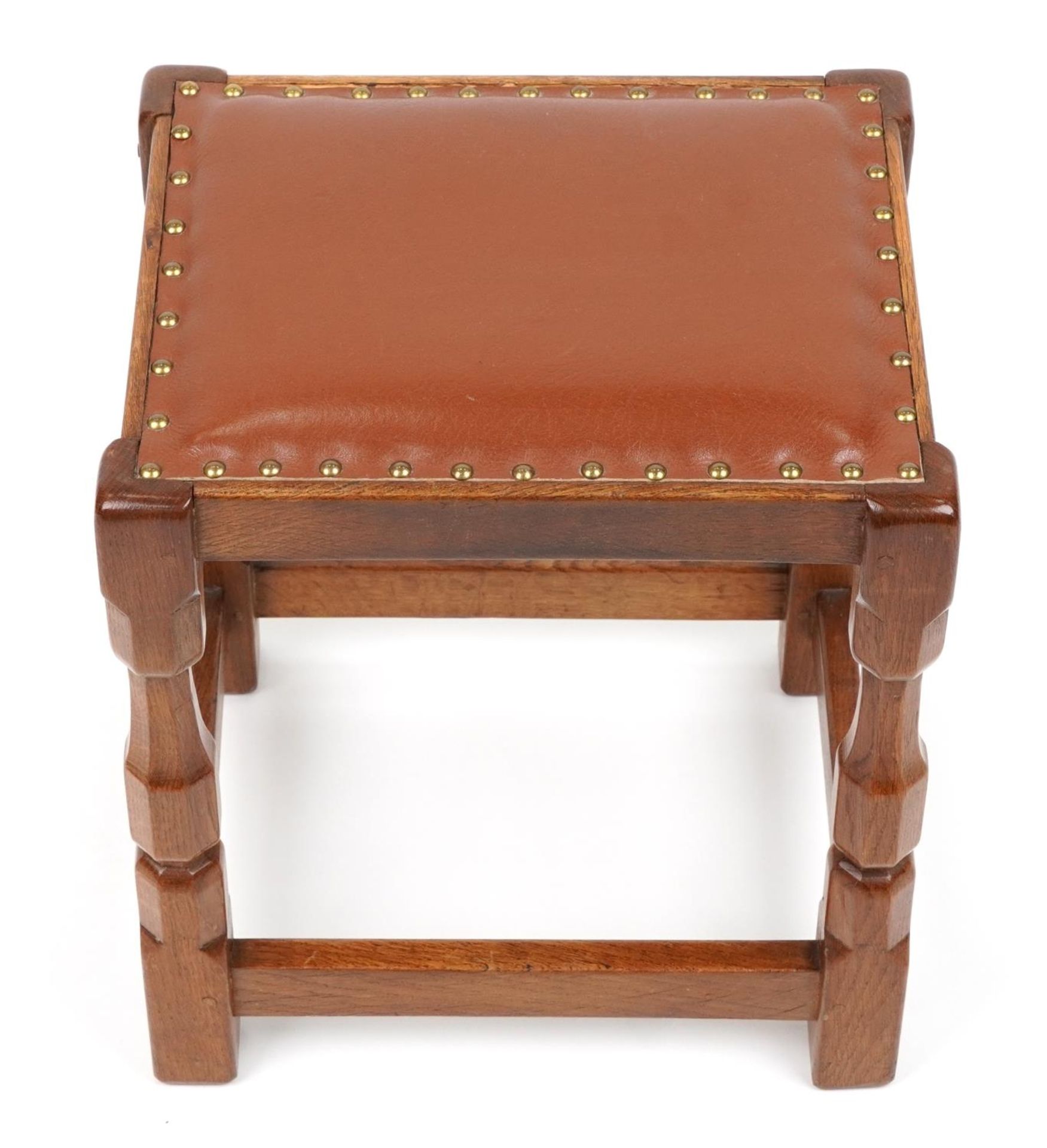 Syd Pollard, Arts & Crafts oak stool with brown leather upholstered seat, 45cm H x 40cm W x 32cm D : - Image 2 of 3