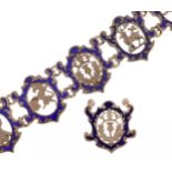 Scottish unmarked silver and blue enamel panelled bracelet decorated with thistle and Scottish Order