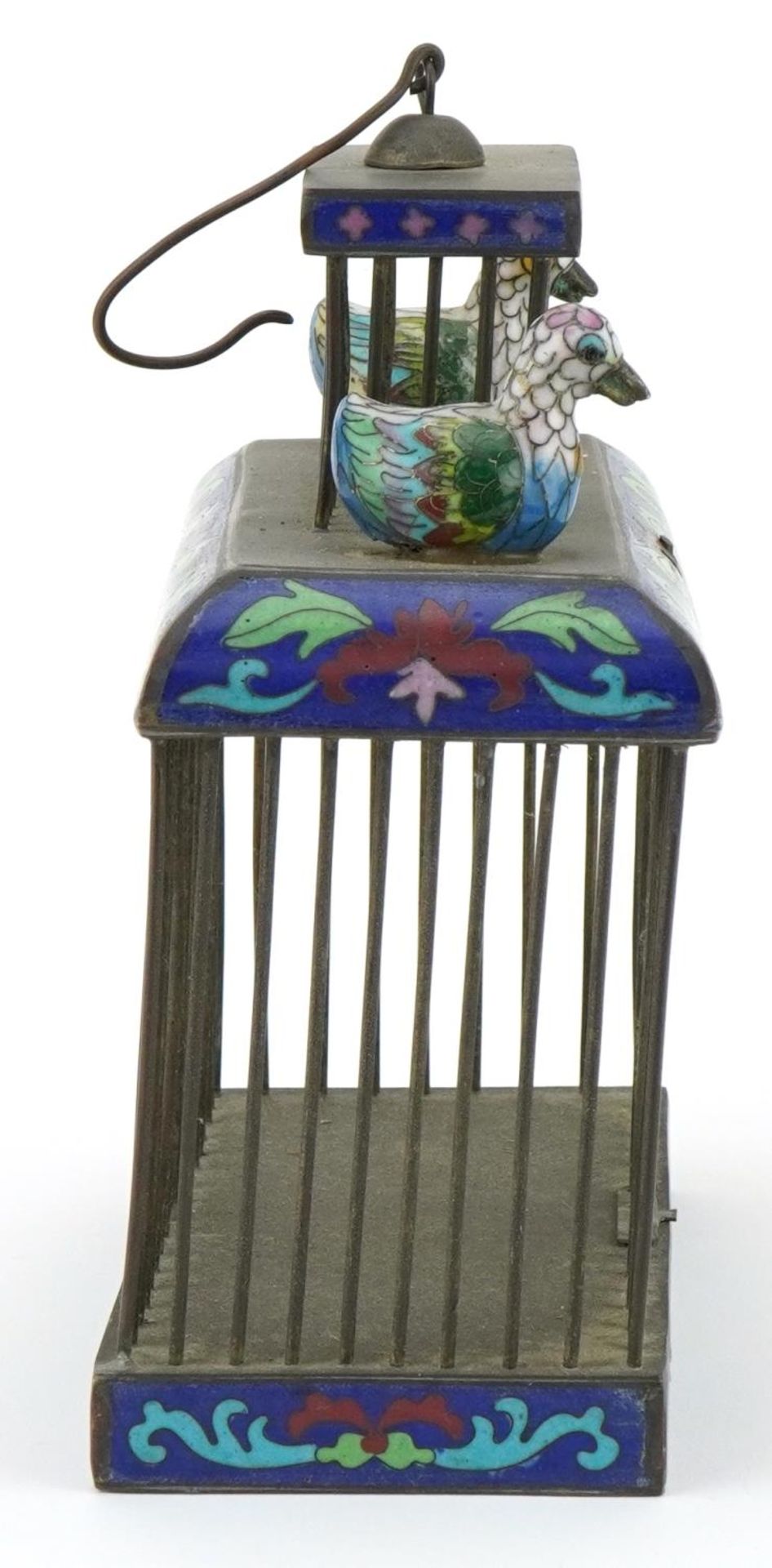 Chinese white metal and cloisonne cricket cage surmounted with two ducks, 18cm H x 15cm W x 7.5cm - Image 5 of 7