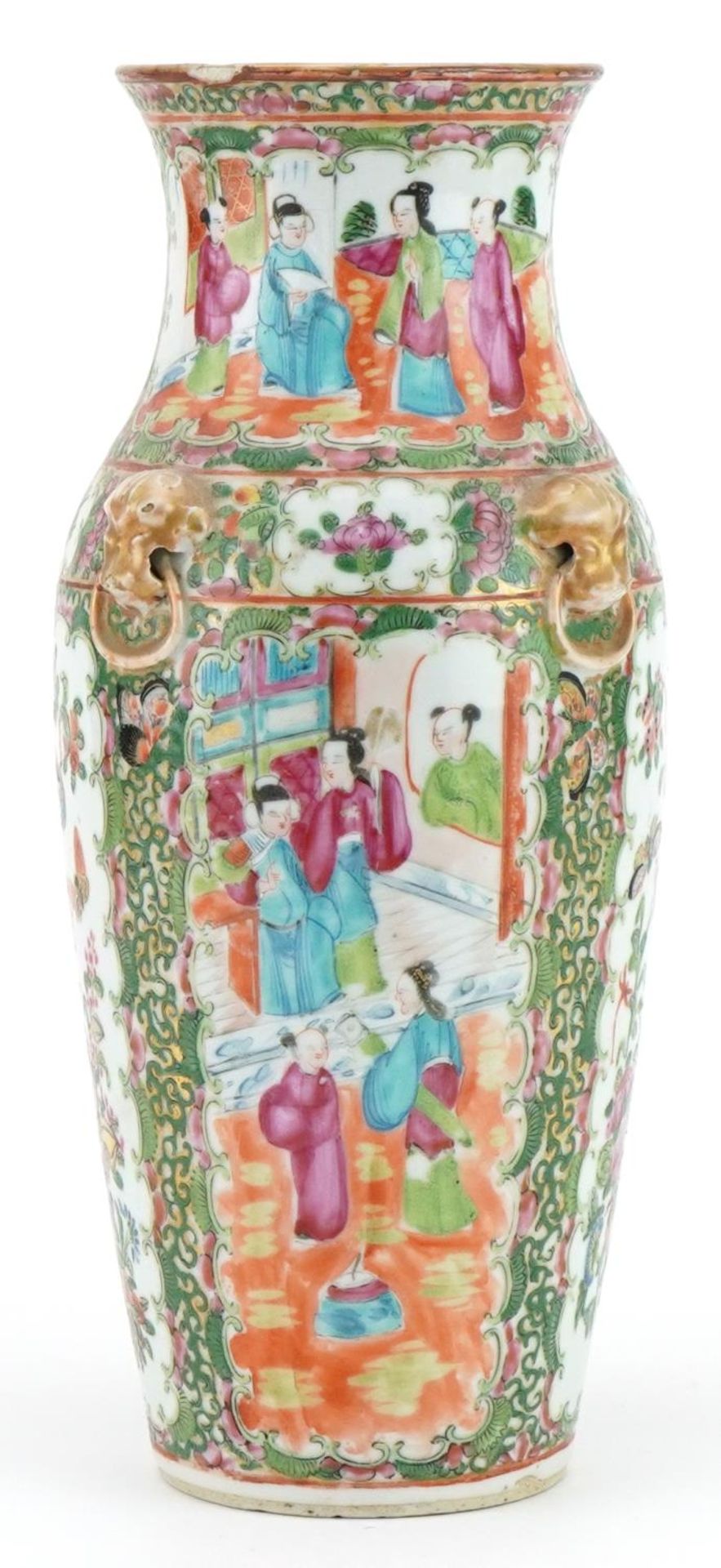 Chinese Canton porcelain vase with animalia ring turned handles hand painted with figures, birds and