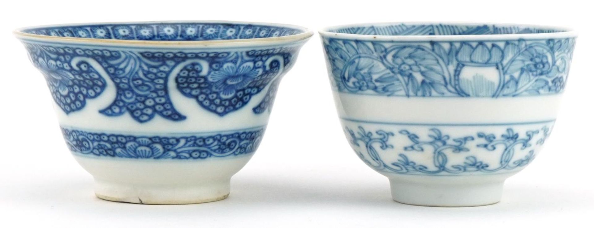 Two Chinese blue and white porcelain bowls, each finely hand painted with flowers, one with Kangxi - Image 4 of 6