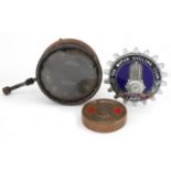 Sundry items including a Motorcycling Club enamelled badge car badge, Jaeger clock and perpetual