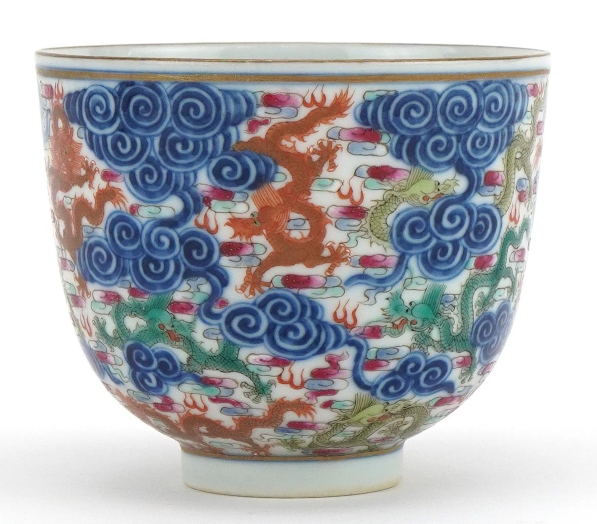 Chinese doucai porcelain tea bowl hand painted with dragons amongst clouds, six figure character