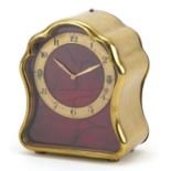 Vintage brass cased travel clock with red guilloche enamelled face, 8cm high : For further