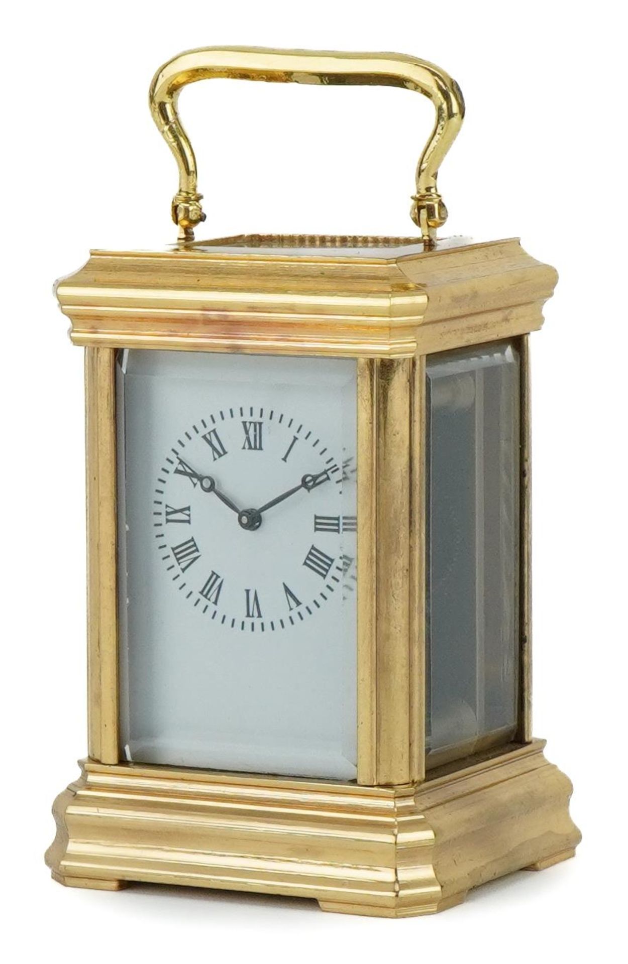 Miniature brass carriage clock with enamelled dial having Roman numerals, 9.5cm high : For further